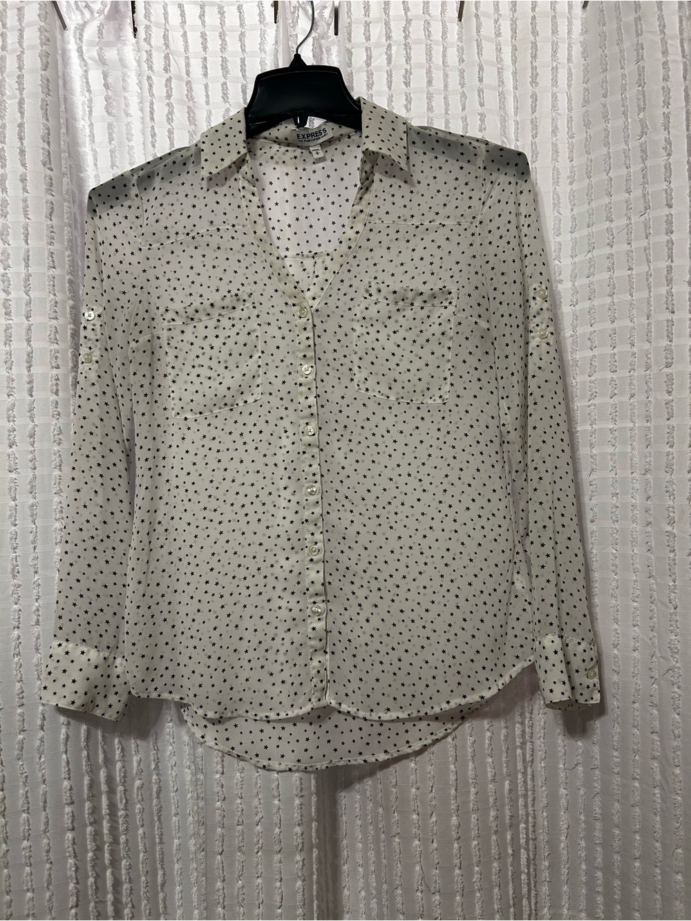 Express‎ The Portofino Shirt Womens Small White Black Star Print Button Down
